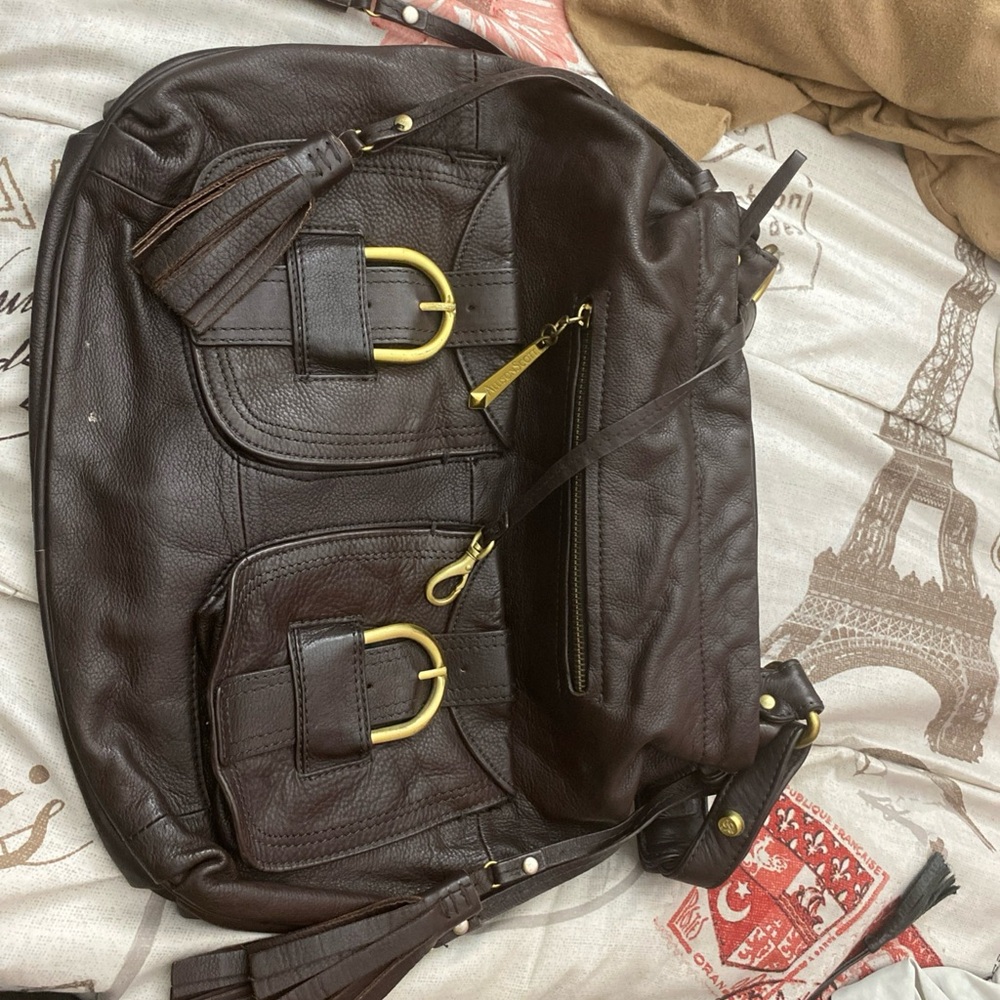 Chic Brown Leather Messenger Bag with Gold Accents